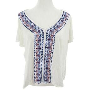 Knox Rose Boho Embroidered Peasant Top Womens Large White Short Sleeve Blous